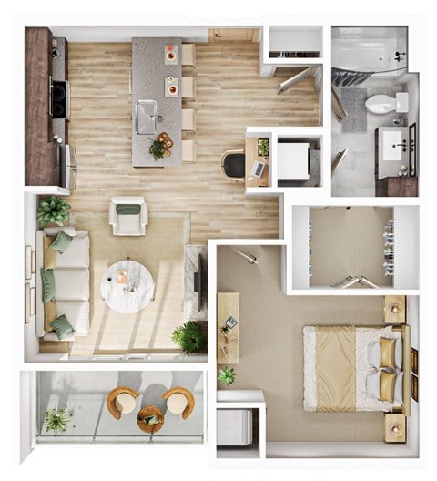 Floor plan for 1 bed, 1 bath, 687 sqft